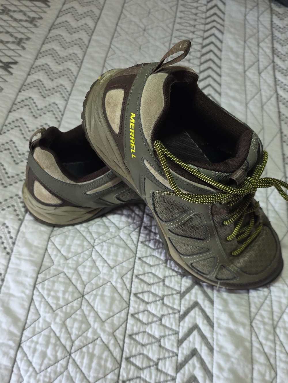Merrell Olive and Brown Hiking Shoes with Yellow Accents